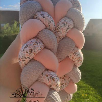 Tresse de lit fine de 2m en Abeille Gris / Gaze Rose blush et Alice rose