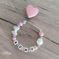 Attache tétine silicone - Nœud et Rose Blanc / Rose et Gris clair