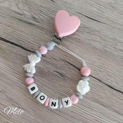 Attache tétine - Nœud et Rose Blanc / Rose et Gris clair  