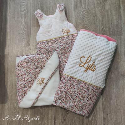 Couverture Liberty Alice / Minky bulle Blanc et Doudou Rose