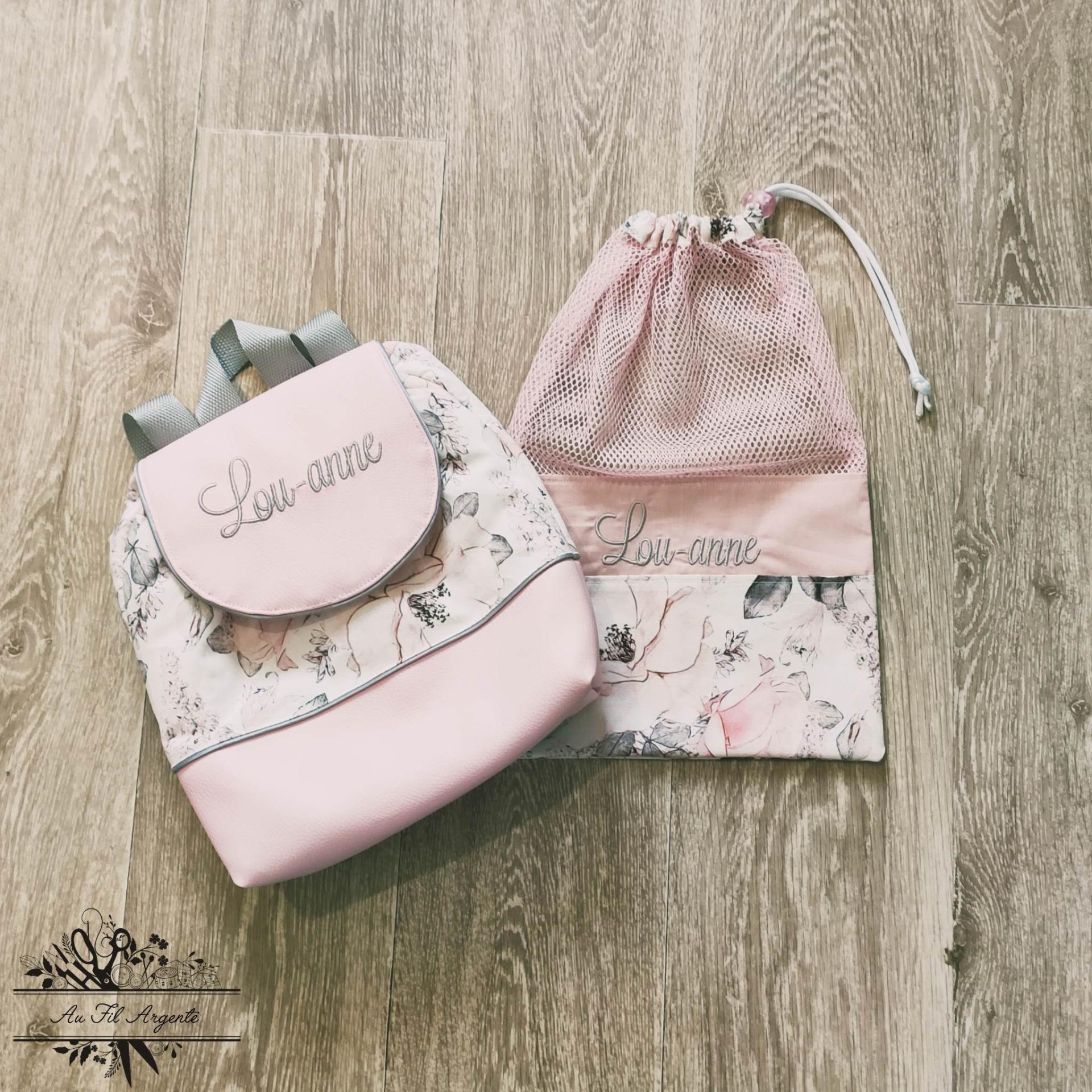 Sac Maternelle - Fleurs Jardin gris / Simili Rose Pâle