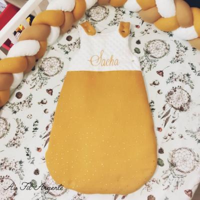 Gigoteuse Minky Bulles Blanc / Gaze de Coton Moutarde P