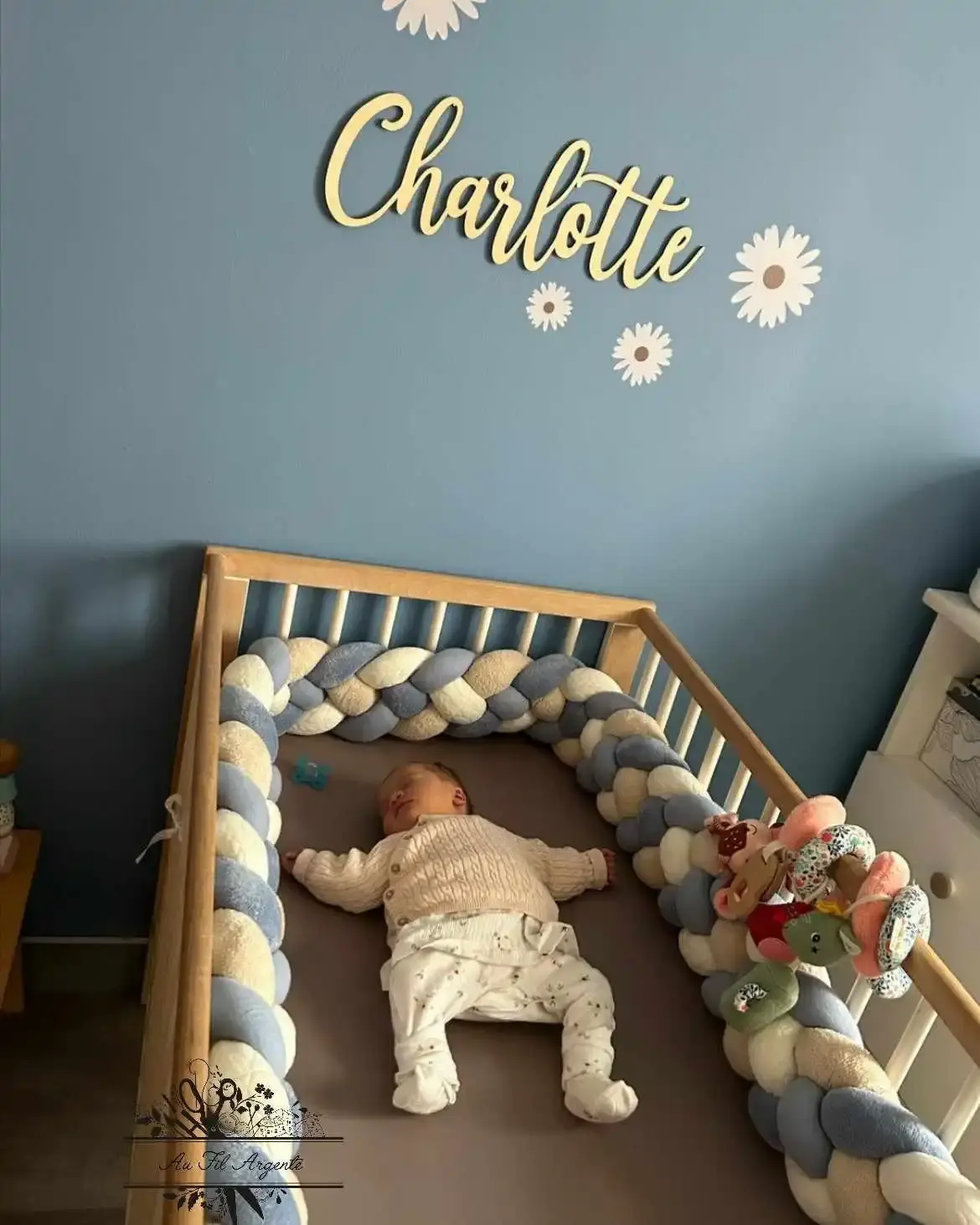 Tresse de lit fine 4 épis de 3m en Eponge Bleu jean et Beige / Gaze Bleu jean et Torsades Blanc